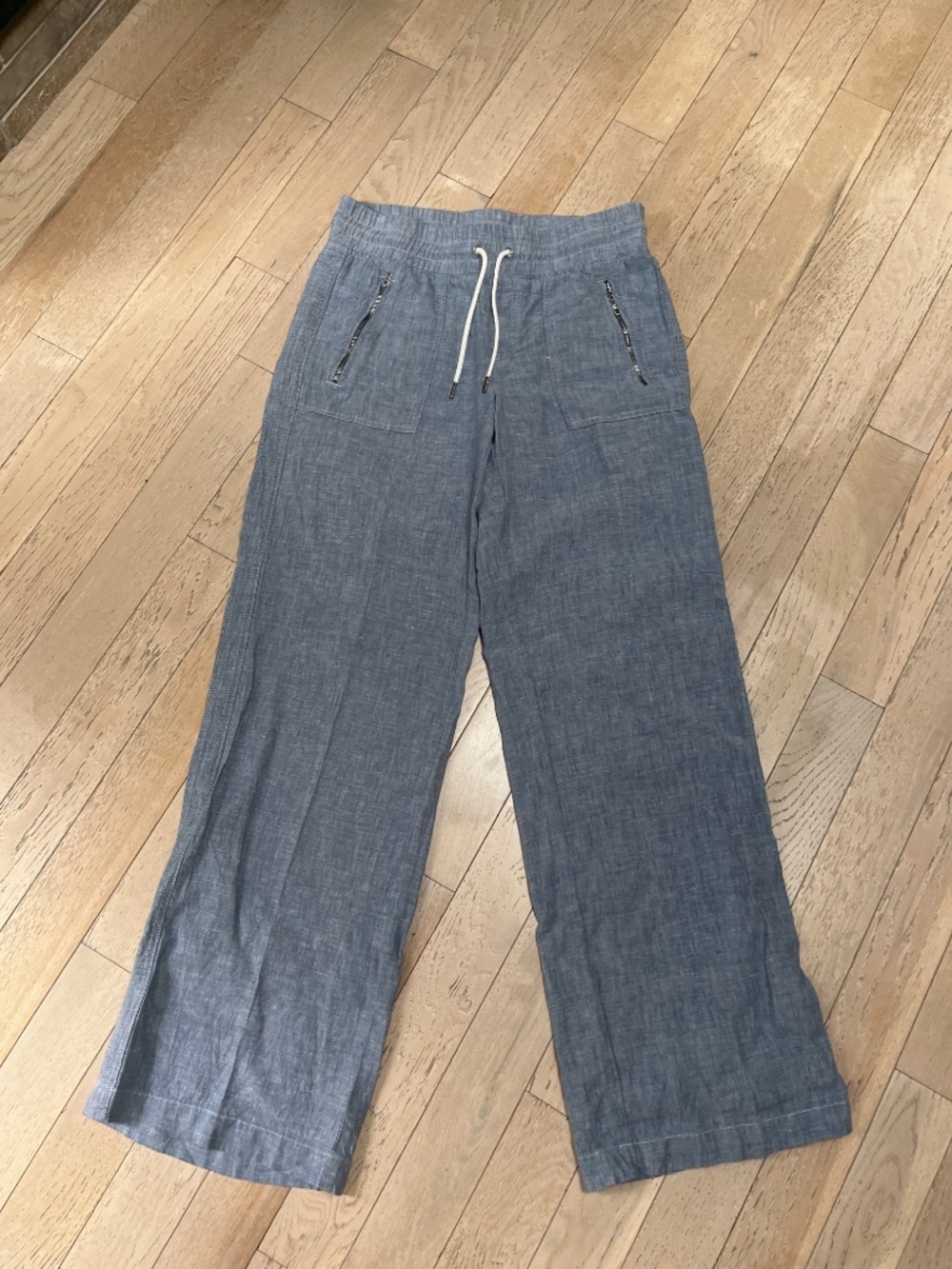 Athleta Cabo 100% Linen Wide Leg Pant Chambray Blue Womens Size 4 Tall 447244